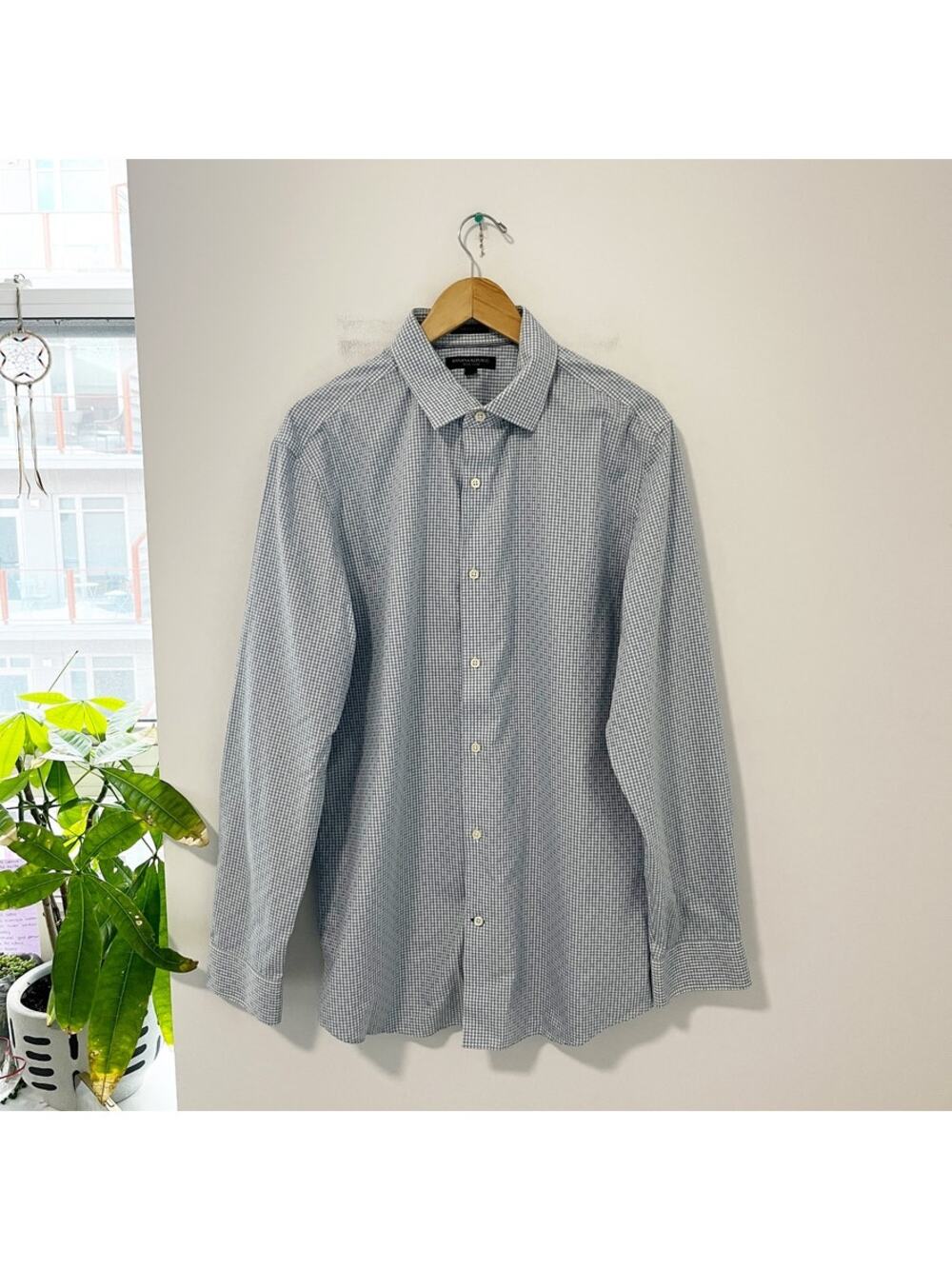 Banana Republic Men's Non-Iron Blue Checkered Print Button Up Top Size Large